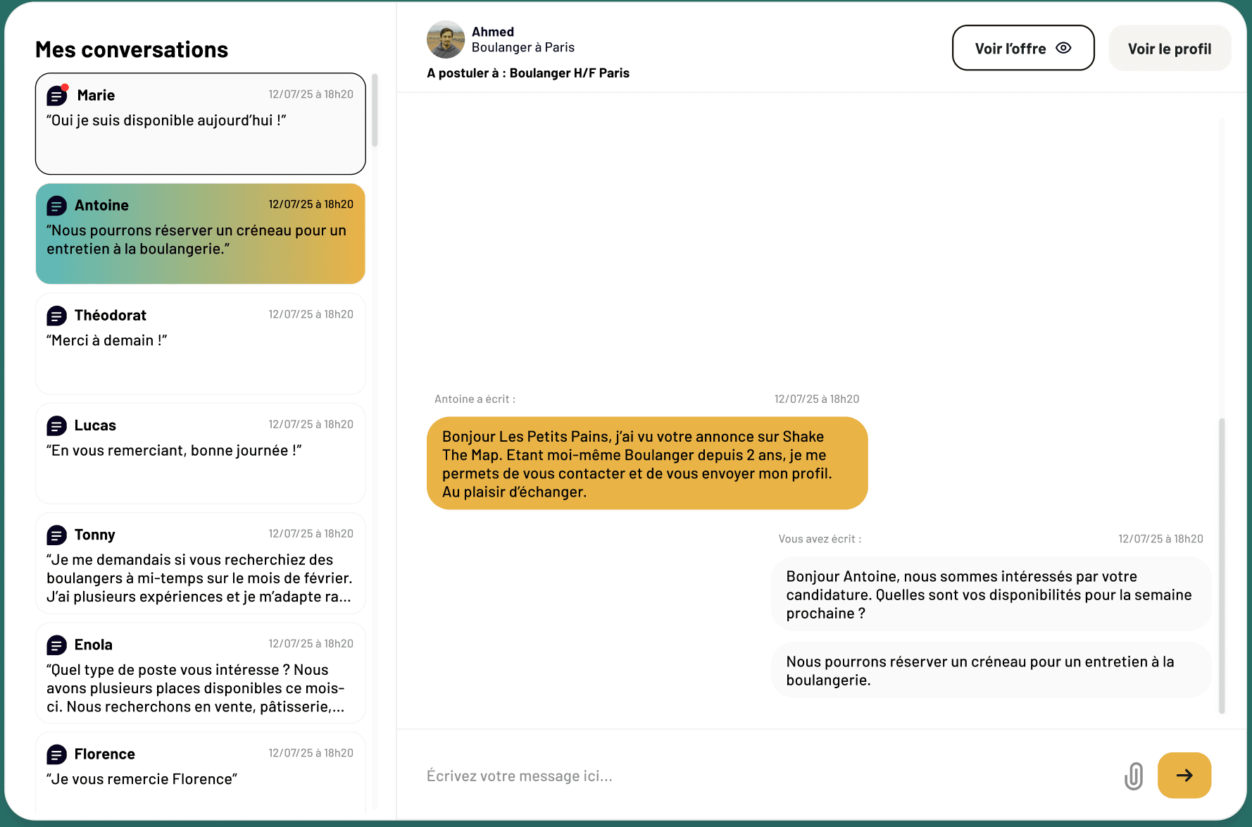 Interface de messagerie recruteur