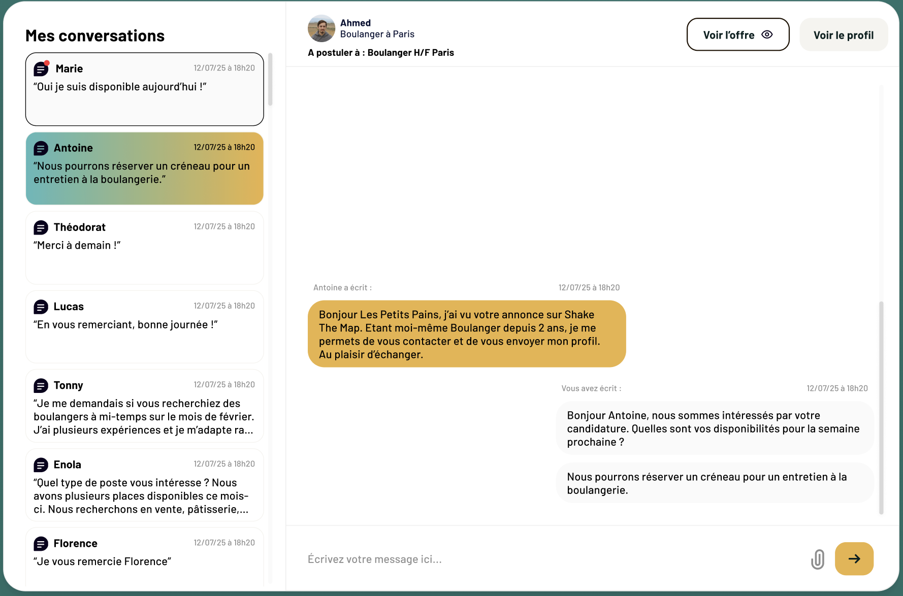Interface de messagerie recruteur